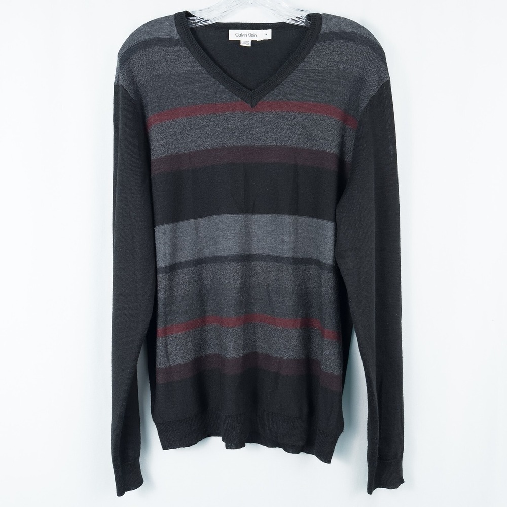 Calvin Klein Mens Striped Merino Wool Blend V Neck Sweater Medium Lightweight